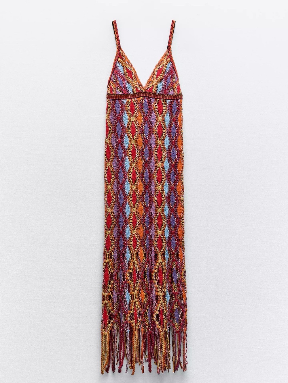 Zara Multicolor Crochet Midi Dress with Fringe
